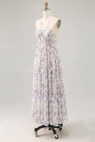 Vestido largo de invitada a boda con falda azul fruncido floral