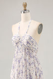 Vestido largo de invitada a boda con falda azul fruncido floral
