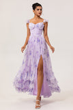 Vestido de dama de honor con corsé estampado en línea A con flores de lavanda y abertura