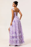 Vestido de dama de honor con corsé estampado en línea A con flores de lavanda y abertura