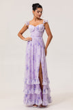 Vestido de dama de honor con corsé estampado en línea A con flores de lavanda y abertura
