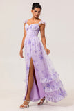 Vestido de dama de honor con corsé estampado en línea A con flores de lavanda y abertura