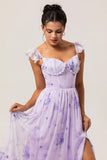Vestido de dama de honor con corsé estampado en línea A con flores de lavanda y abertura