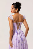 Vestido de dama de honor con corsé estampado en línea A con flores de lavanda y abertura