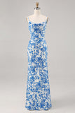 Vestido largo de invitada de boda sirena con cuello de campana de flores azules