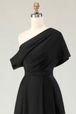 Vestido de la madre de la novia de satén negro con bolsillos