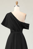 Vestido de la madre de la novia de satén negro con bolsillos