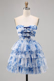 A Line Strapless Tiered Corsé Blanco Flor Azul Vestido de regreso a casa con cordones en la espalda