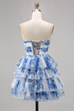 A Line Strapless Tiered Corsé Blanco Flor Azul Vestido de regreso a casa con cordones en la espalda