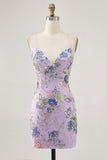 Vestido corto de regreso a casa floral de pavo real con lentejuelas