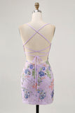 Vestido corto de regreso a casa floral de pavo real con lentejuelas
