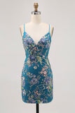 Vestido corto de regreso a casa floral de pavo real con lentejuelas