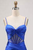Corsé transparente azul real plisado ajustado vestido de regreso a casa con abertura