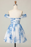 Flor Azul Blanco Con El Hombro TUna Línea Vestido Corto De Regreso A