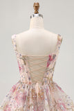 Vestido corto de regreso a casa con lentejuelas de cuello cuadrado floral brillante de una línea con cordones en la espalda
