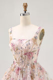 Vestido corto de regreso a casa con lentejuelas de cuello cuadrado floral brillante de una línea con cordones en la espalda