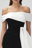 Vestido de cóctel corto ajustado marfil y negro con volantes