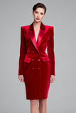 Vestido de trabajo midi con solapa de pico ajustado de terciopelo rojo