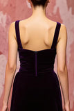 Vestido de fiesta largo de terciopelo simple morado oscuro en línea A