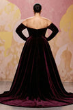Vestido Maxi de talla grande de talla A rojo oscuro de terciopelo de línea A con mangas largas