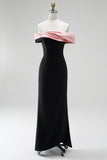 Vestido largo de noche de talla grande de sirena negro y rosa de satín sin hombros