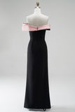 Vestido largo de noche de talla grande de sirena negro y rosa de satín sin hombros