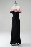 Vestido largo de noche de talla grande de sirena negro y rosa de satín sin hombros