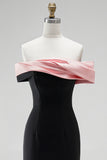 Vestido largo de noche de talla grande de sirena negro y rosa de satín sin hombros