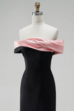 Vestido largo de noche de talla grande de sirena negro y rosa de satín sin hombros