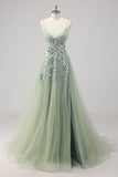 Vestido de fiesta con apliques de lentejuelas verdes de una línea con abertura