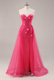 Corsé fucsia con abertura sin tirantes Vestido de fiesta largo con apliques
