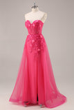 Corsé fucsia con abertura sin tirantes Vestido de fiesta largo con apliques