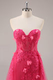 Corsé fucsia con abertura sin tirantes Vestido de fiesta largo con apliques