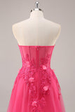 Corsé fucsia con abertura sin tirantes Vestido de fiesta largo con apliques