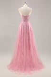 Corsé rosa brillante A Line Vestido de Fiesta Largo