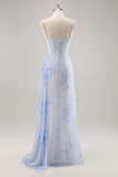 Corsé de sirena floral azul vestido largo de dama de honor con abertura