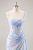 Corsé de sirena floral azul vestido largo de dama de honor con abertura