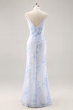Vestido largo de dama de honor de gasa fruncida floral azul con abertura
