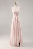 Vestido de dama de honor largo fruncido con mangas casquillo rosa caramelo con faja