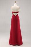 Vestido largo de dama de honor con tirantes de espagueti de gasa fruncido rojo oscuro con abertura