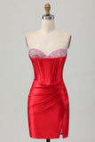 Vestido de regreso a casa con corsé de cuentas sin tirantes rojo con abertura