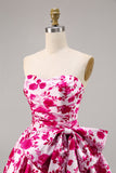 Floral Fucsia Strapless A Line Vestido de regreso a casa con lazo