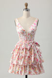 Vestido corto de regreso a casa con escote en V floral rosa con una línea escalonada y lazo