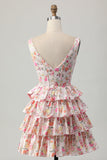 Vestido corto de regreso a casa con escote en V floral rosa con una línea escalonada y lazo