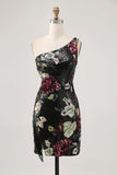 Vestido de regreso a casa de lentejuelas ajustados de flores negras de un solo hombro