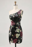 Vestido de regreso a casa de lentejuelas ajustados de flores negras de un solo hombro