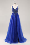 Vestido de fiesta largo con purpurina azul real con cuentas de una línea con abertura