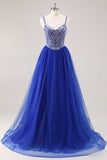Vestido de fiesta largo azul real A Line con abalorios