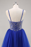 Vestido de fiesta largo azul real A Line con abalorios