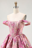 Vestido de cóctel corto con corsé estampado en forma de A con hombros descubiertos